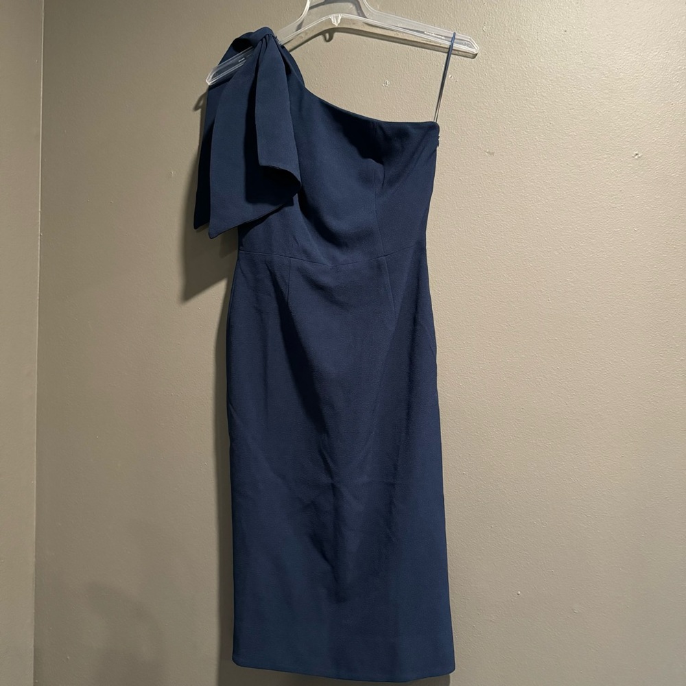 Dress the Population One-Shoulder Navy Bow Sheath Dress